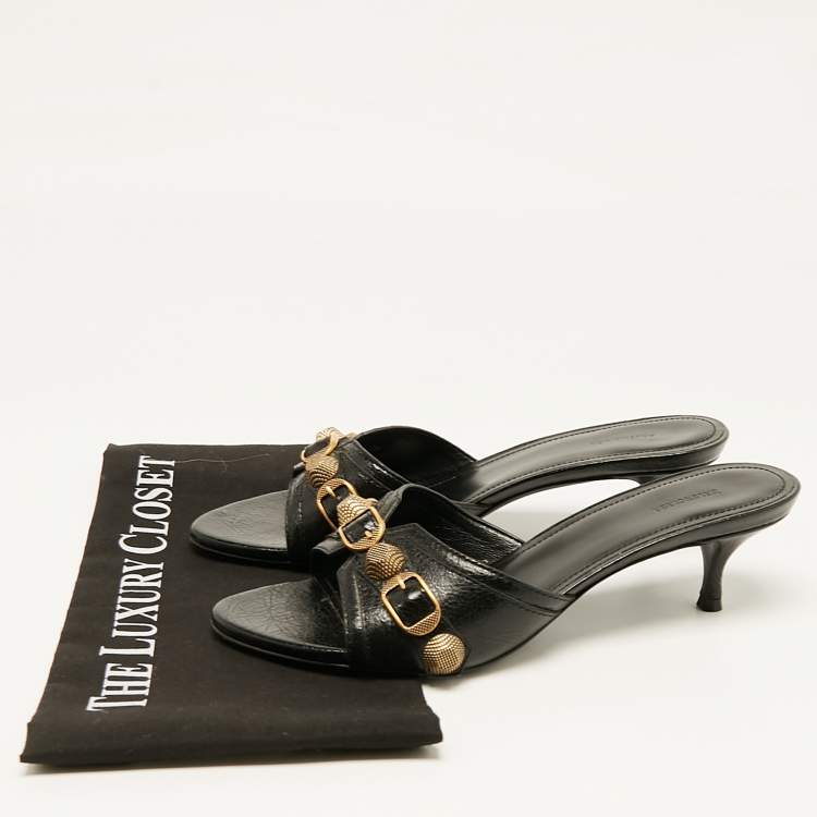 Pre Owned Balenciaga Black Leather Le Cagole Studded Slide Sandals Size 38