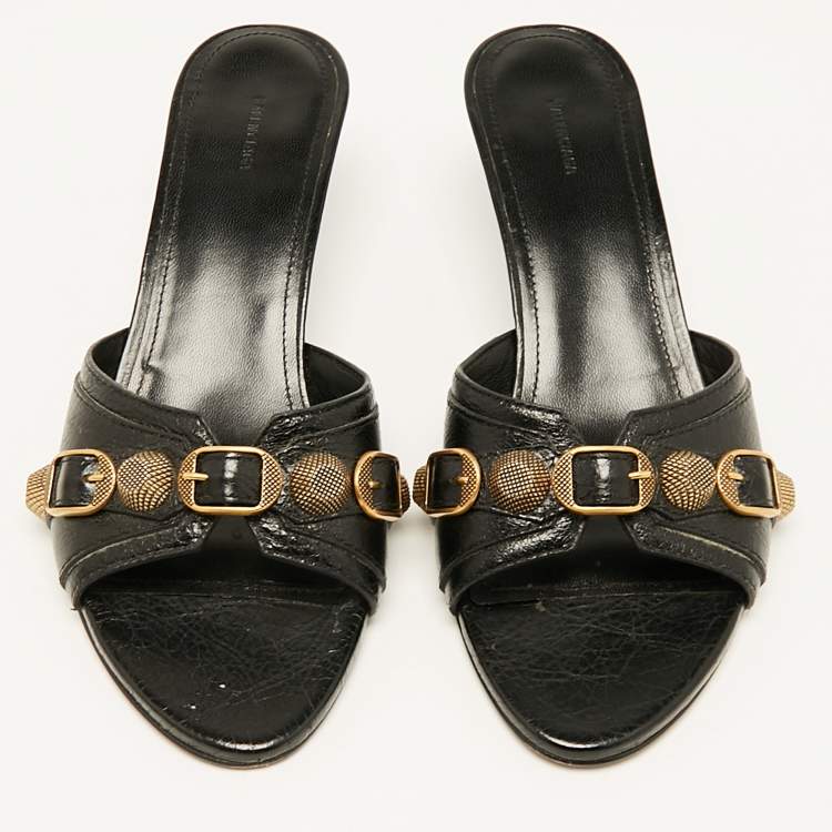 Pre Owned Balenciaga Black Leather Le Cagole Studded Slide Sandals Size 38