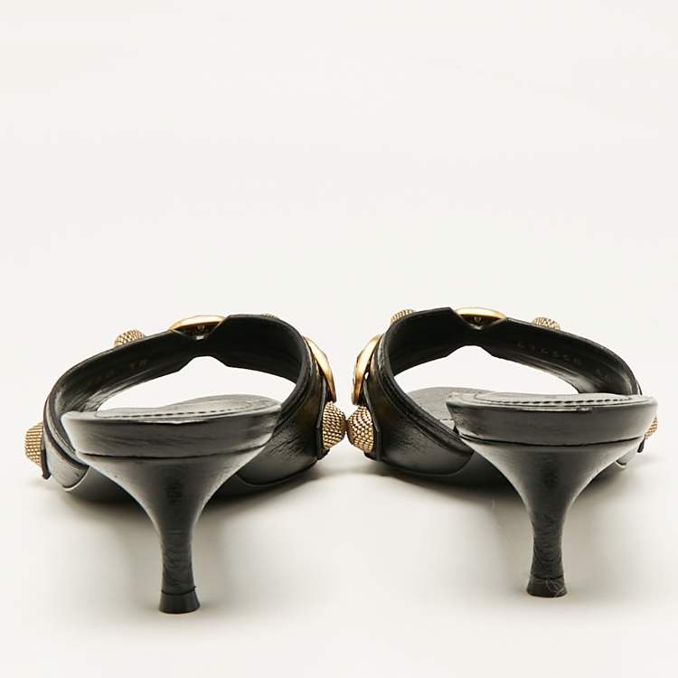 Pre Owned Balenciaga Black Leather Le Cagole Studded Slide Sandals Size 38