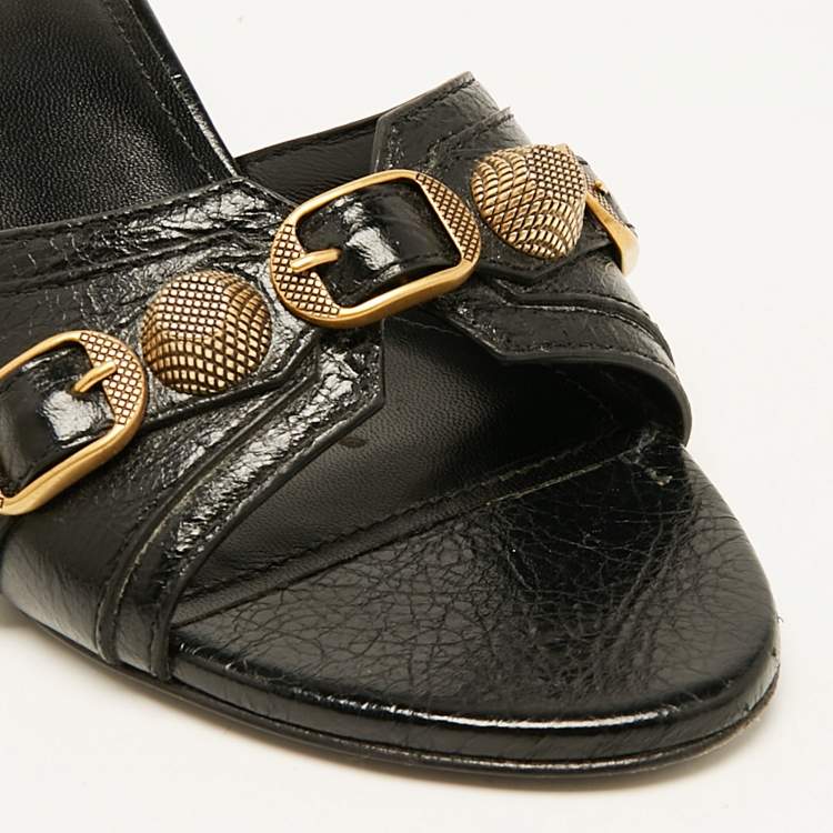 Pre Owned Balenciaga Black Leather Le Cagole Studded Slide Sandals Size 38