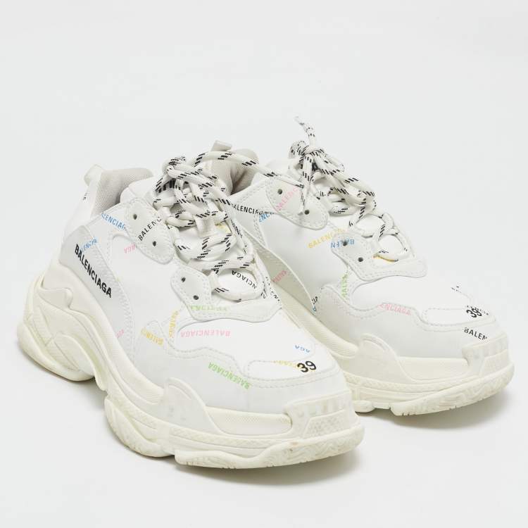 Pre Owned Balenciaga White Leather Triple S All Over Logo Sneakers Size 39