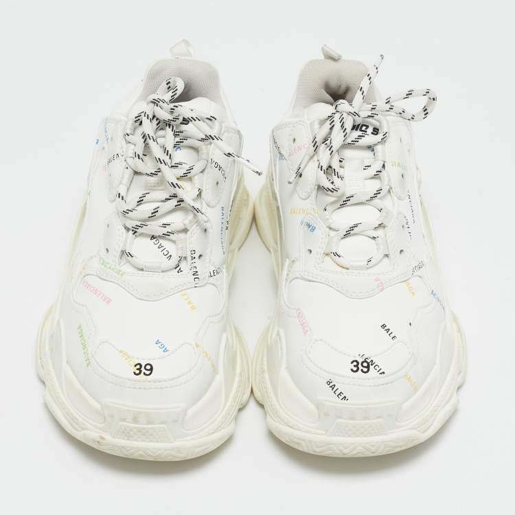 Pre Owned Balenciaga White Leather Triple S All Over Logo Sneakers Size 39
