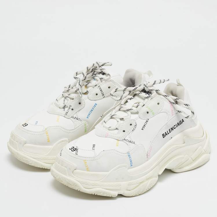 Pre Owned Balenciaga White Leather Triple S All Over Logo Sneakers Size 39