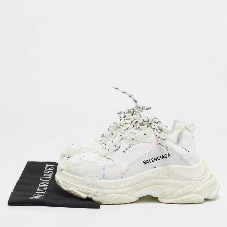 Pre Owned Balenciaga White Leather Triple S All Over Logo Sneakers Size 39