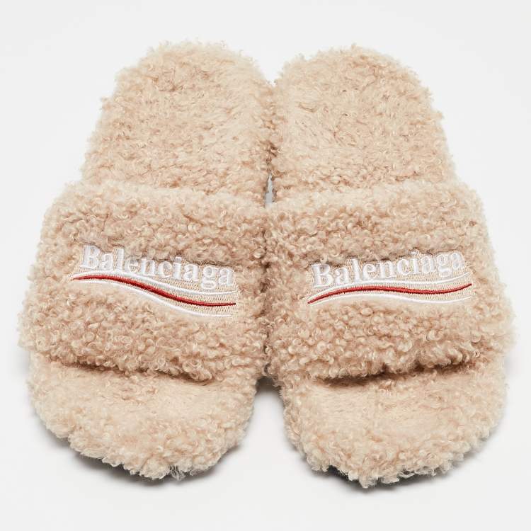 Pre Owned Balenciaga Beige Faux Shearling Fur Furry Slide Sandals Size 38