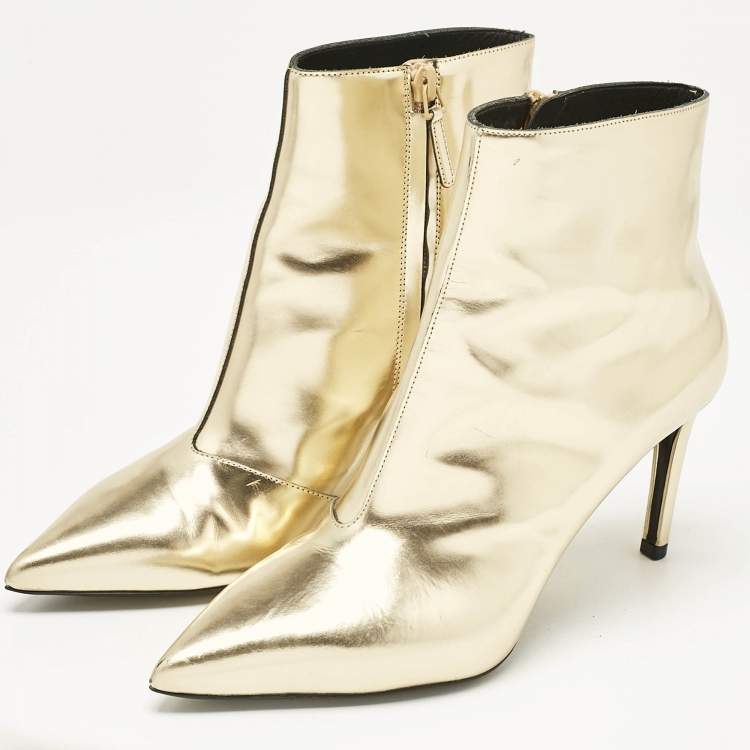 Pre Owned Balenciaga Gold Leather Pointed Toe Ankle Length Boots Size 38
