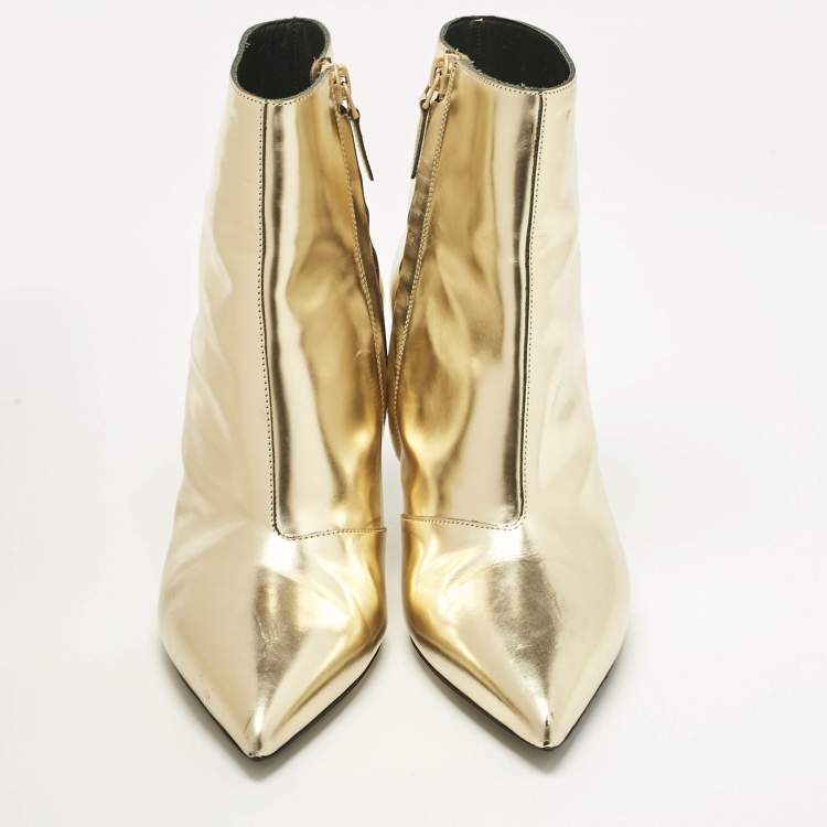 Pre Owned Balenciaga Gold Leather Pointed Toe Ankle Length Boots Size 38