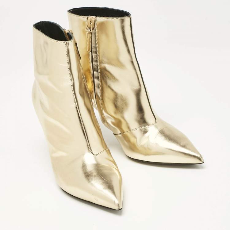 Pre Owned Balenciaga Gold Leather Pointed Toe Ankle Length Boots Size 38