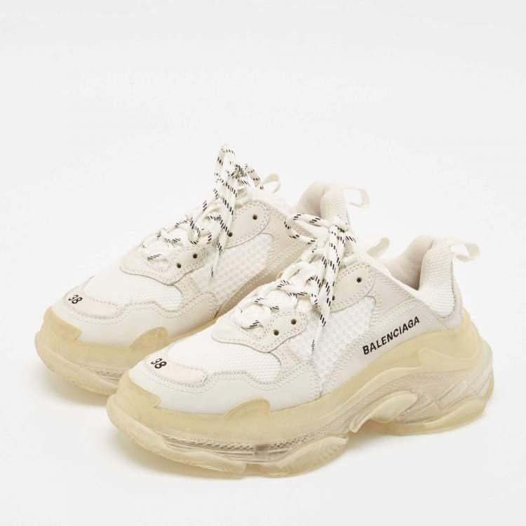 Pre Owned Balenciaga White Leather and Mesh Triple S Low Top Sneakers Size 38
