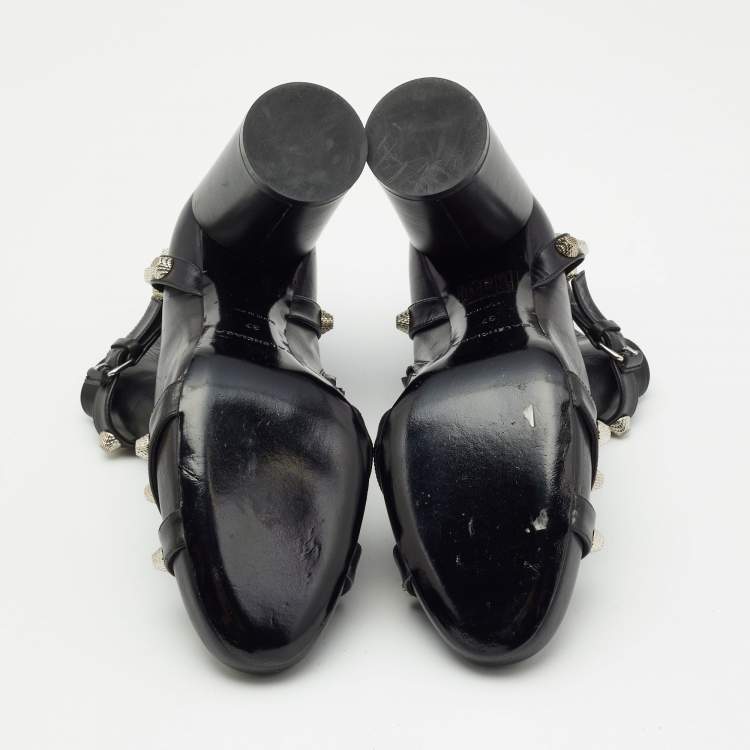 Pre Owned Balenciaga Black Leather Studded Zip Ankle Boots Size 37