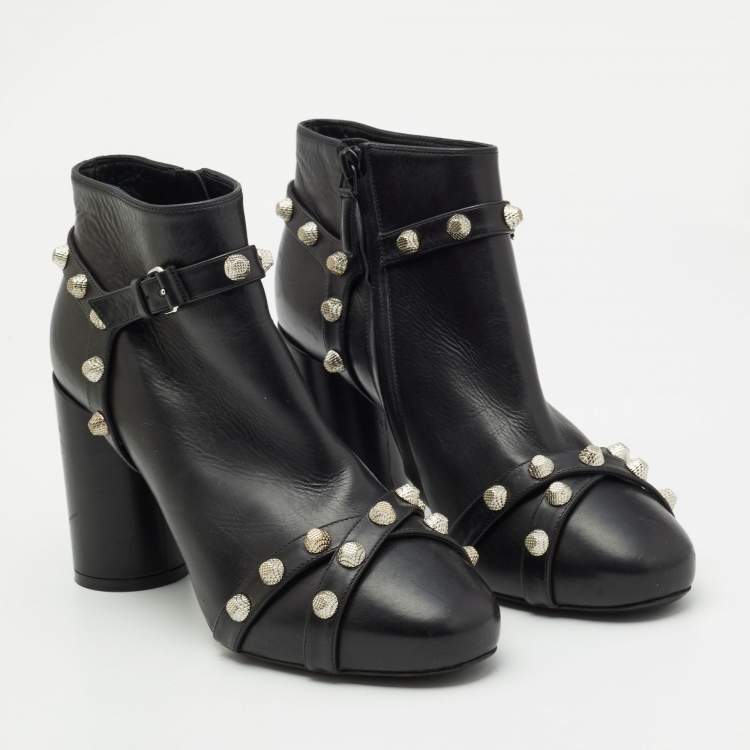 Pre Owned Balenciaga Black Leather Studded Zip Ankle Boots Size 37