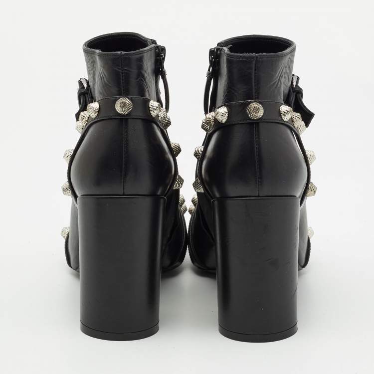 Pre Owned Balenciaga Black Leather Studded Zip Ankle Boots Size 37
