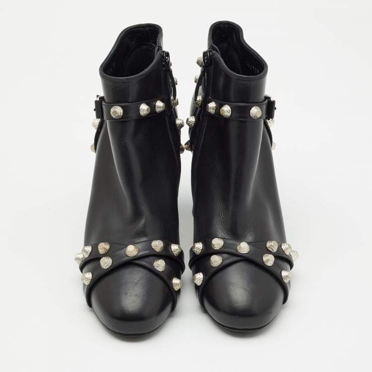 Pre Owned Balenciaga Black Leather Studded Zip Ankle Boots Size 37