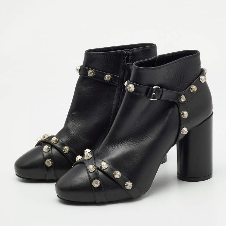 Pre Owned Balenciaga Black Leather Studded Zip Ankle Boots Size 37