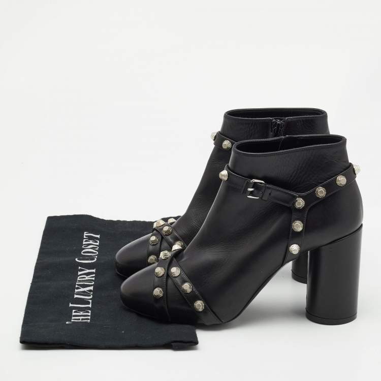 Pre Owned Balenciaga Black Leather Studded Zip Ankle Boots Size 37