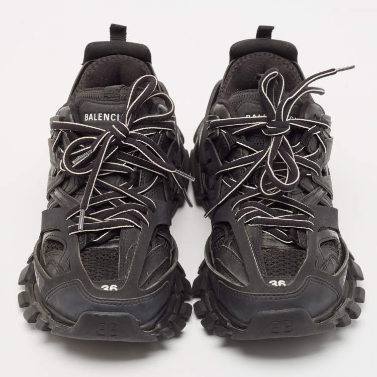 Pre Owned Balenciaga Black Faux Leather and Mesh Track Sneakers Size 36
