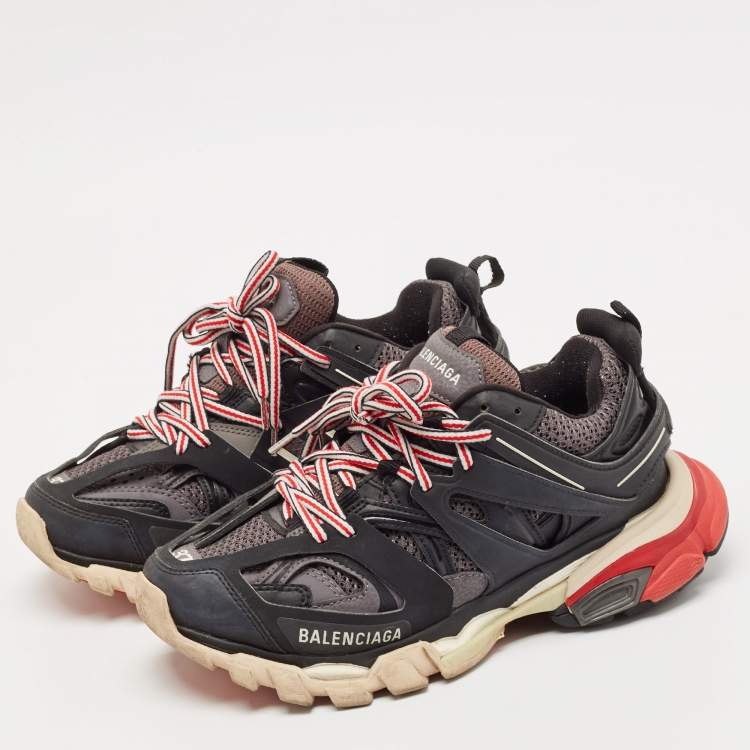Pre Owned Balenciaga Black Faux Leather and Mesh Track Sneakers Size 37