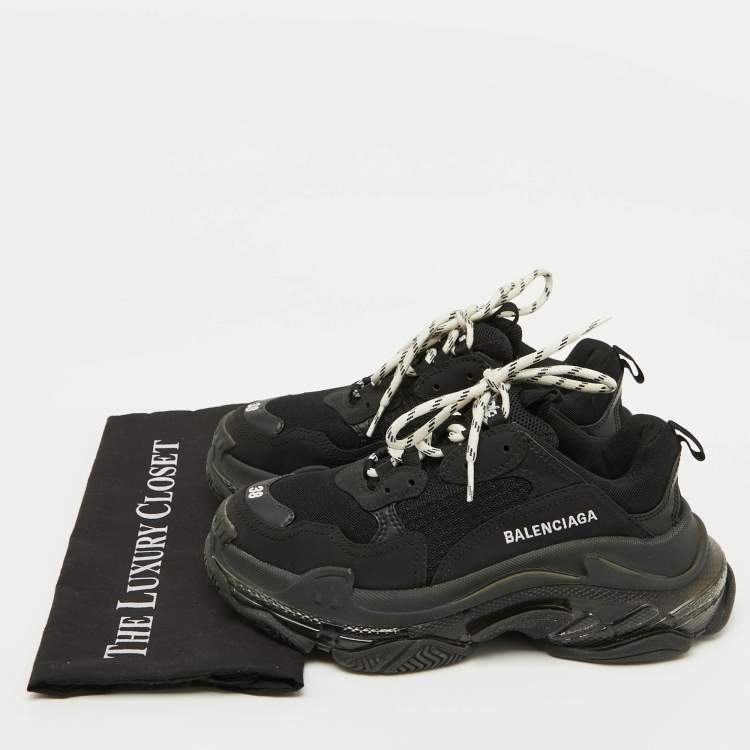 Pre Owned Balenciaga Black Mesh and Faux Leather Triple S Clear Sneakers Size 38