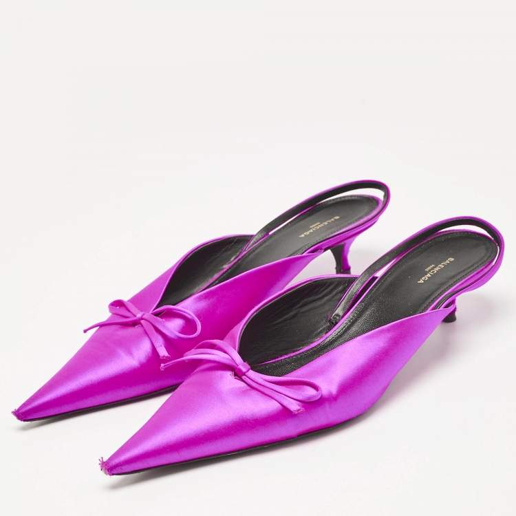 Pre Owned Balenciaga Magenta Satin Knife Bow Slingback Pumps Size 41