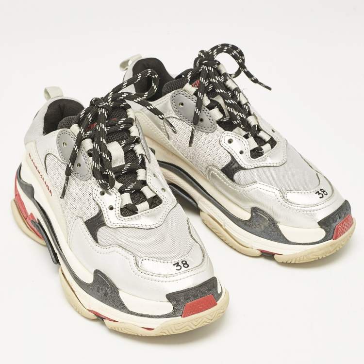 Pre Owned Balenciaga Silver/Black Faux Leather and Mesh Triple S Sneakers Size 38