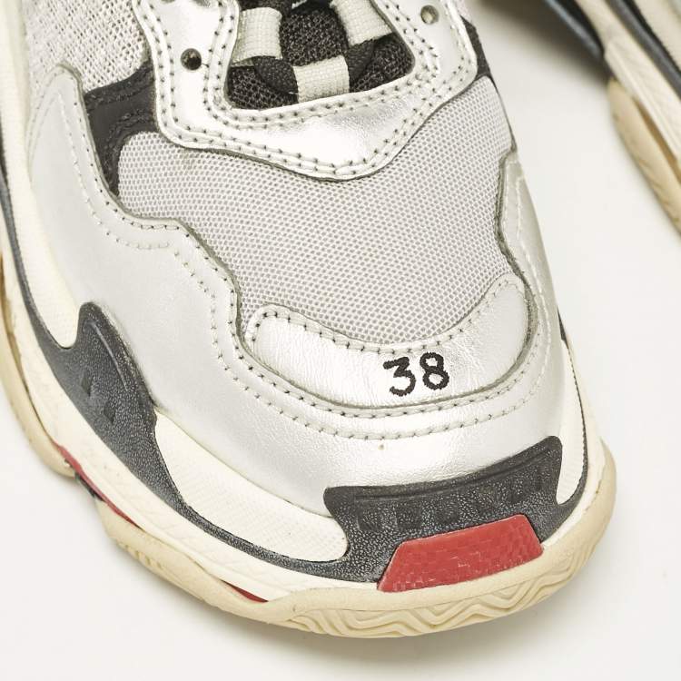 Pre Owned Balenciaga Silver/Black Faux Leather and Mesh Triple S Sneakers Size 38
