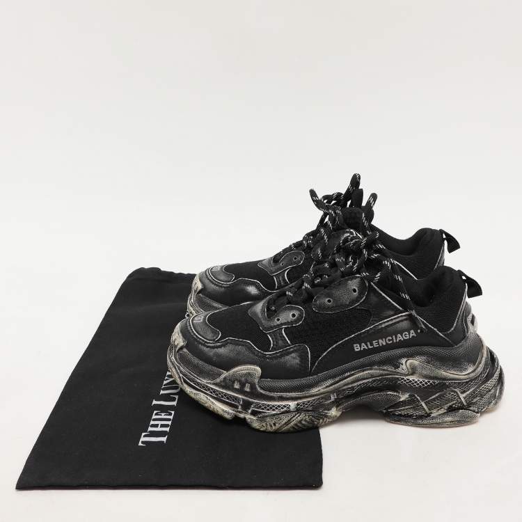 Pre Owned Balenciaga Black Leather and Mesh Triple S Distressed Low Top Sneakers Size 37