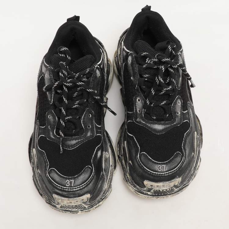 Pre Owned Balenciaga Black Leather and Mesh Triple S Distressed Low Top Sneakers Size 37