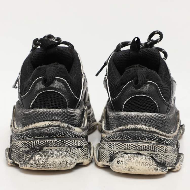 Pre Owned Balenciaga Black Leather and Mesh Triple S Distressed Low Top Sneakers Size 37