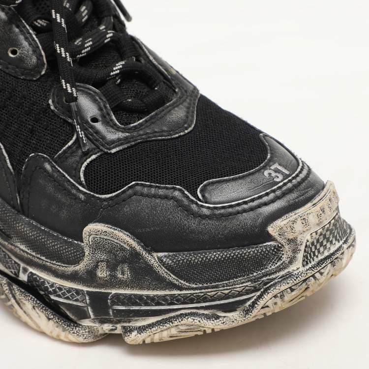 Pre Owned Balenciaga Black Leather and Mesh Triple S Distressed Low Top Sneakers Size 37
