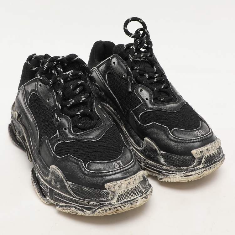 Pre Owned Balenciaga Black Leather and Mesh Triple S Distressed Low Top Sneakers Size 37