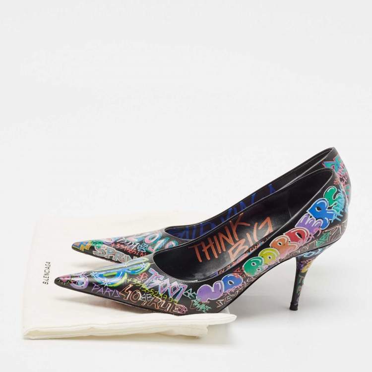 Pre Owned Balenciaga Black Leather Graffiti Print BB Pointed Toe Pumps Size 39