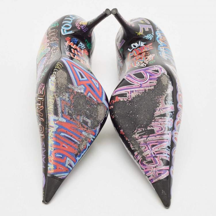 Pre Owned Balenciaga Black Leather Graffiti Print BB Pointed Toe Pumps Size 39
