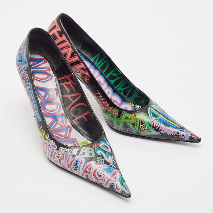 Pre Owned Balenciaga Black Leather Graffiti Print BB Pointed Toe Pumps Size 39