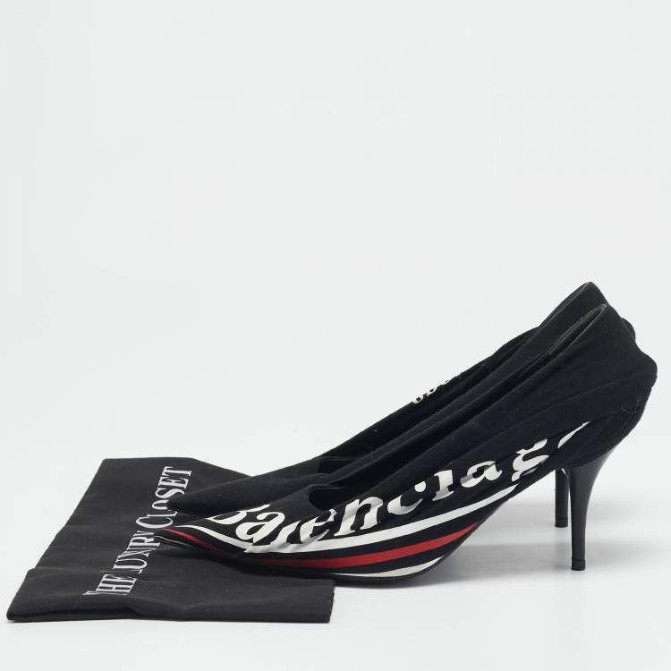 Pre Owned Balenciaga Black Fabric and Leather Logo Knife Pumps Size 38