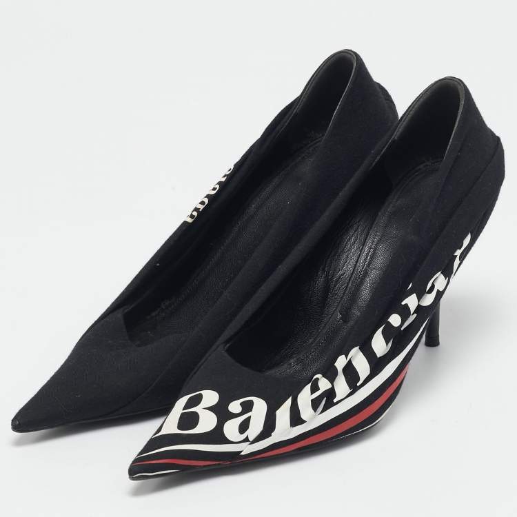 Pre Owned Balenciaga Black Fabric and Leather Logo Knife Pumps Size 38