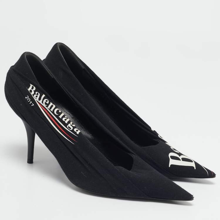 Pre Owned Balenciaga Black Fabric and Leather Logo Knife Pumps Size 38