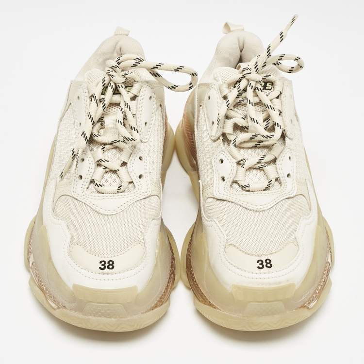 Pre Owned Balenciaga White/Grey Faux Leather and Mesh Triple S Low Top Sneakers Size 38