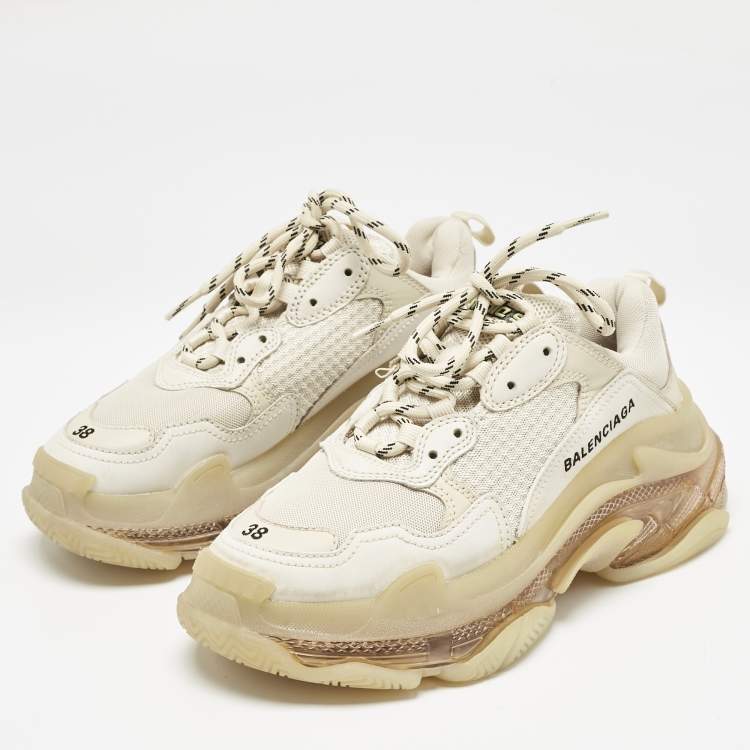 Pre Owned Balenciaga White/Grey Faux Leather and Mesh Triple S Low Top Sneakers Size 38