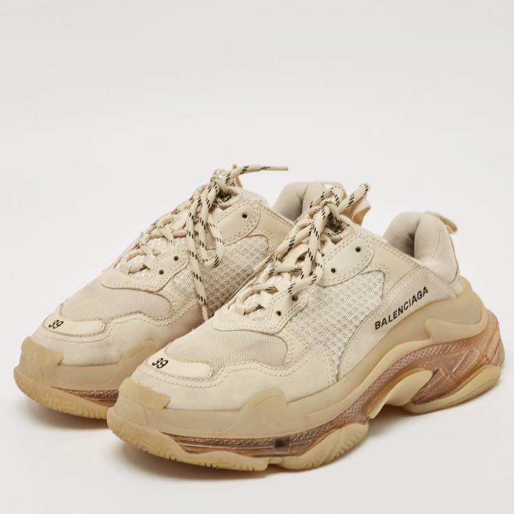 Pre Owned Balenciaga Cream Faux Leather and Mesh Triple S Clear Lace Up Sneakers Size 39