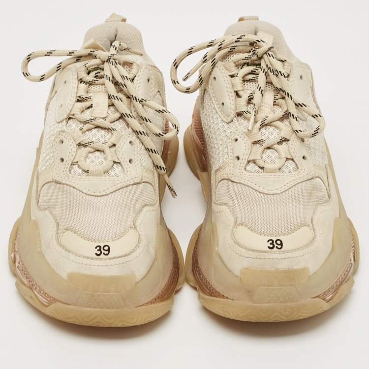 Pre Owned Balenciaga Cream Faux Leather and Mesh Triple S Clear Lace Up Sneakers Size 39