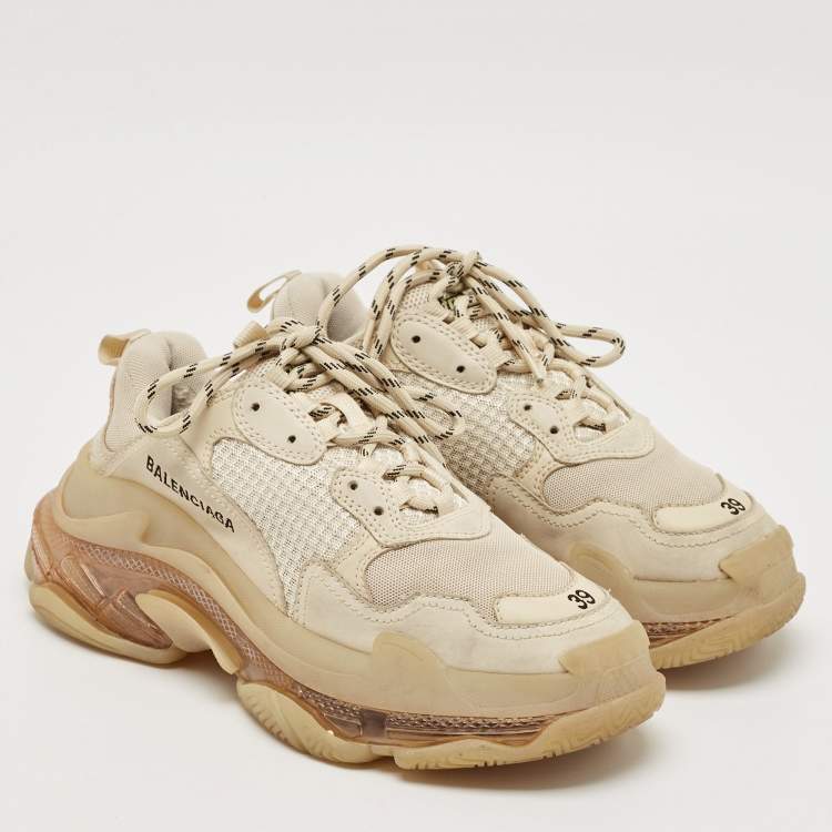 Pre Owned Balenciaga Cream Faux Leather and Mesh Triple S Clear Lace Up Sneakers Size 39