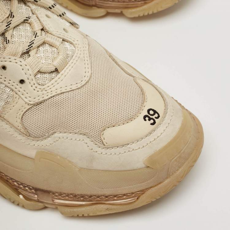 Pre Owned Balenciaga Cream Faux Leather and Mesh Triple S Clear Lace Up Sneakers Size 39
