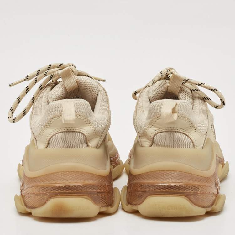 Pre Owned Balenciaga Cream Faux Leather and Mesh Triple S Clear Lace Up Sneakers Size 39