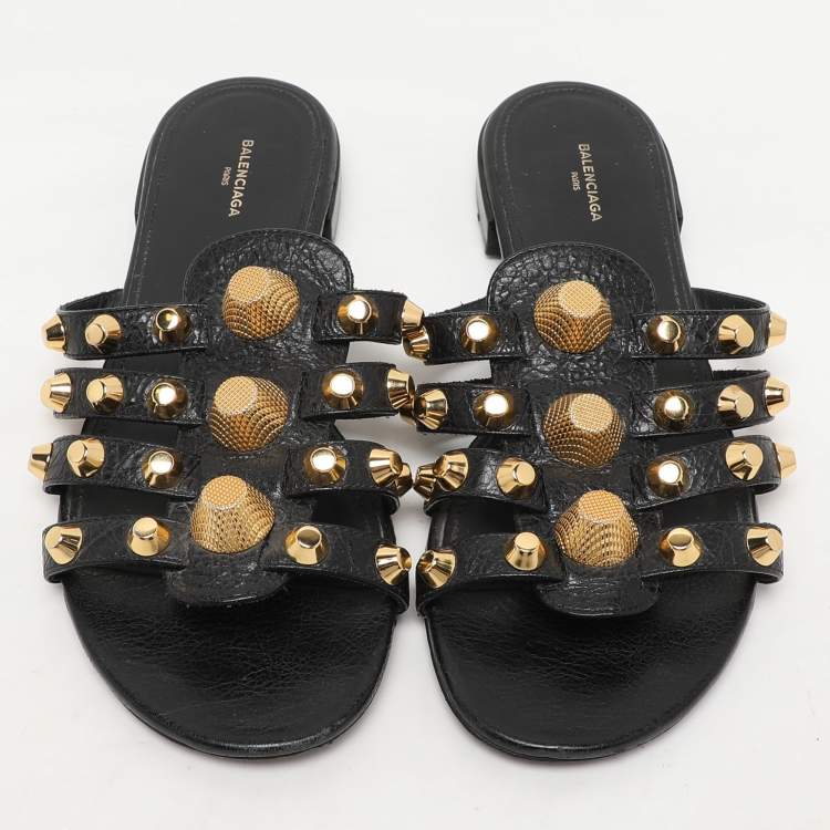 Pre Owned Balenciaga Black Leather Arena Ballet Flats Size 38