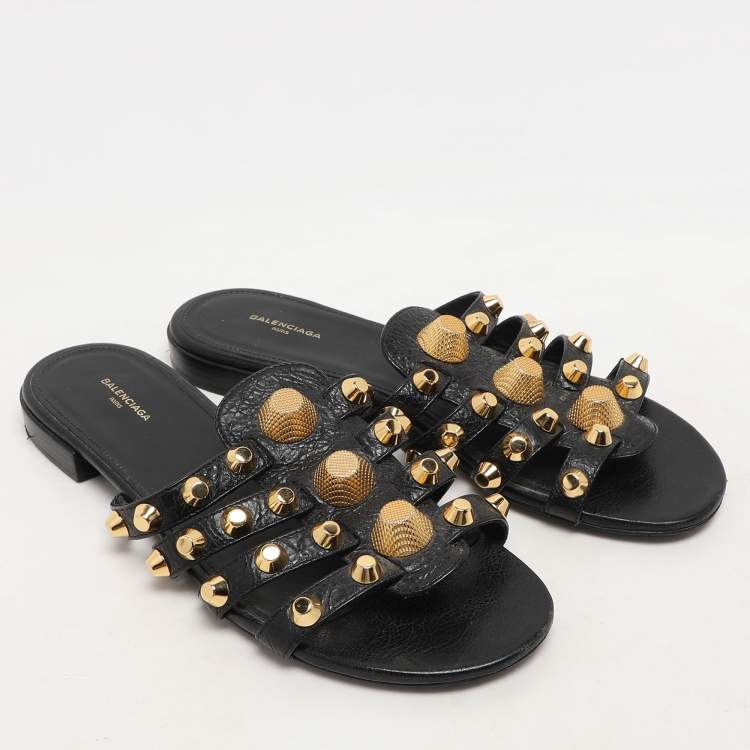 Pre Owned Balenciaga Black Leather Arena Ballet Flats Size 38
