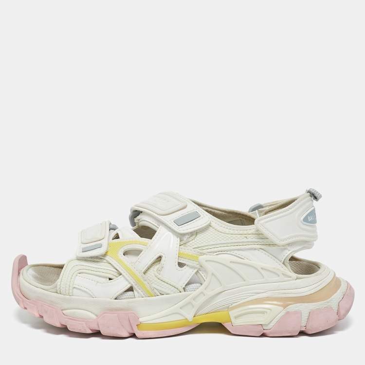 Pre Owned Balenciaga White Faux Leather and Rubber Track Sandals Size 38