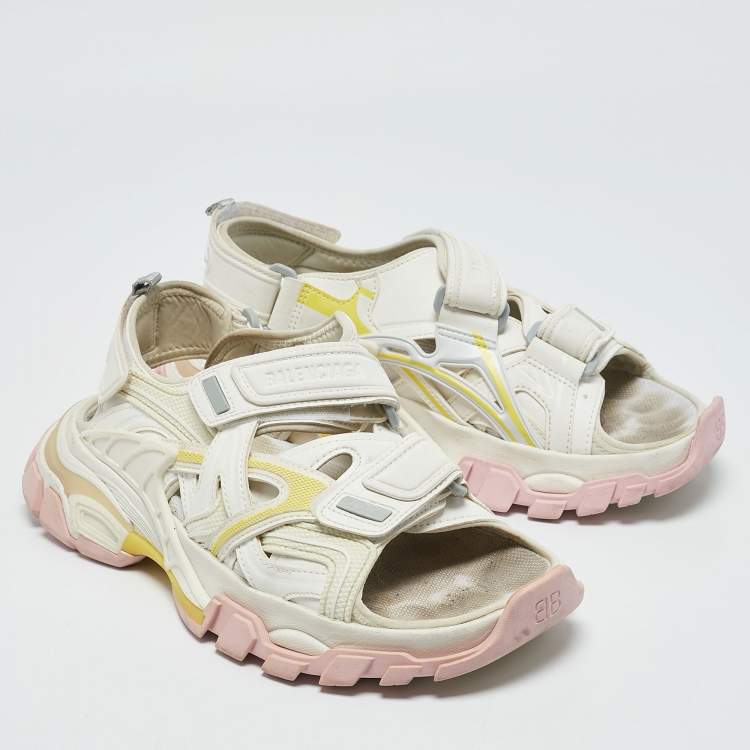 Pre Owned Balenciaga White Faux Leather and Rubber Track Sandals Size 38