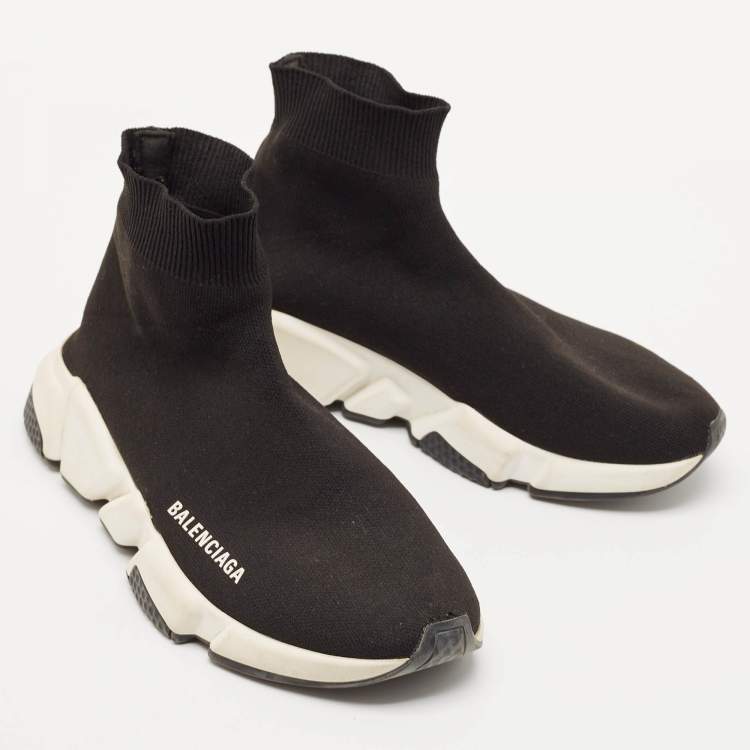 Pre Owned Balenciaga Black Knit Fabric Speed Trainer High Top Sneakers Size 38