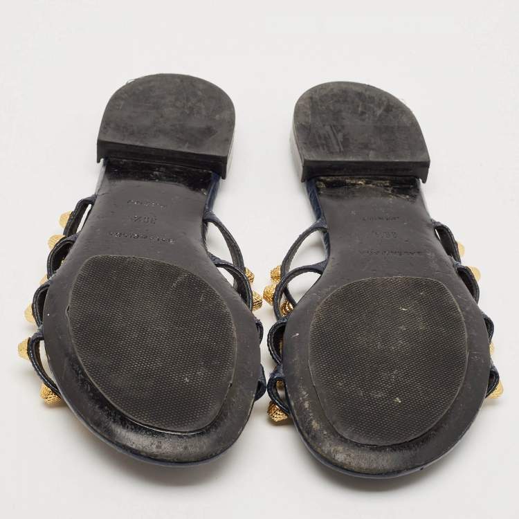 Pre Owned Balenciaga Navy Blue Leather Arena Flat Sandals Size 39.5