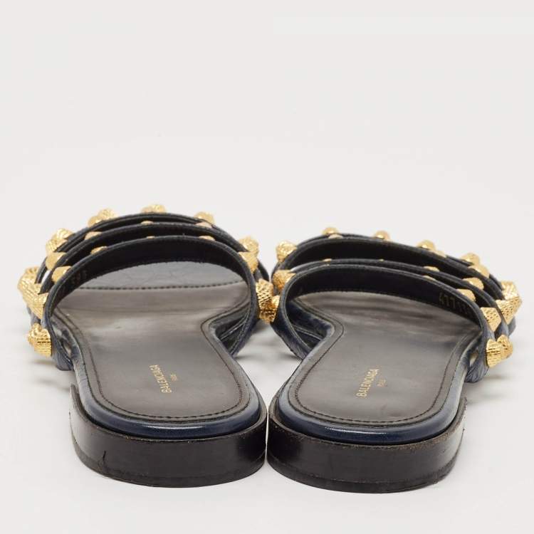 Pre Owned Balenciaga Navy Blue Leather Arena Flat Sandals Size 39.5